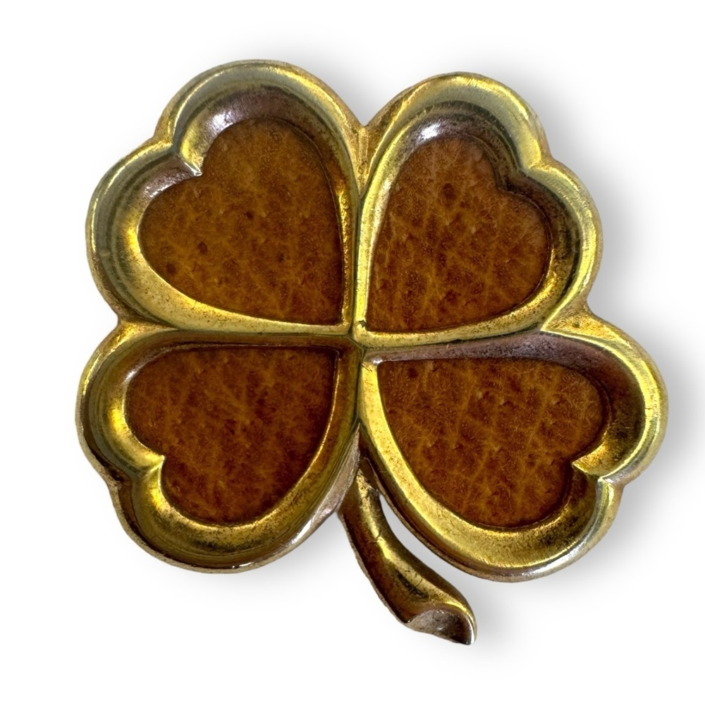Vintage Shamrock Clover Gold and Leather Brooch